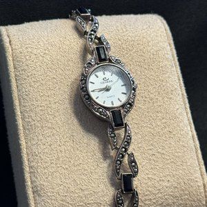 Cenere Bracelet Wristwatch Onyx and Marcasite Links Japan Quartz New Battery EUC